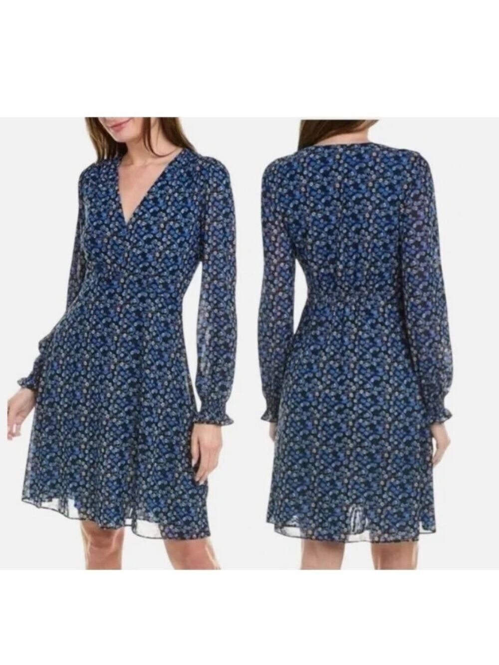 CAbi The Ten Dress Womens Large V-Neck Blue Floral Long Sleeve Lined #5772